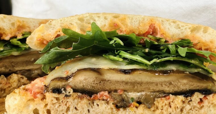 Portobello Mushroom Cap Sandwiches on Ciabatta with Roasted Red Pepper Aioli