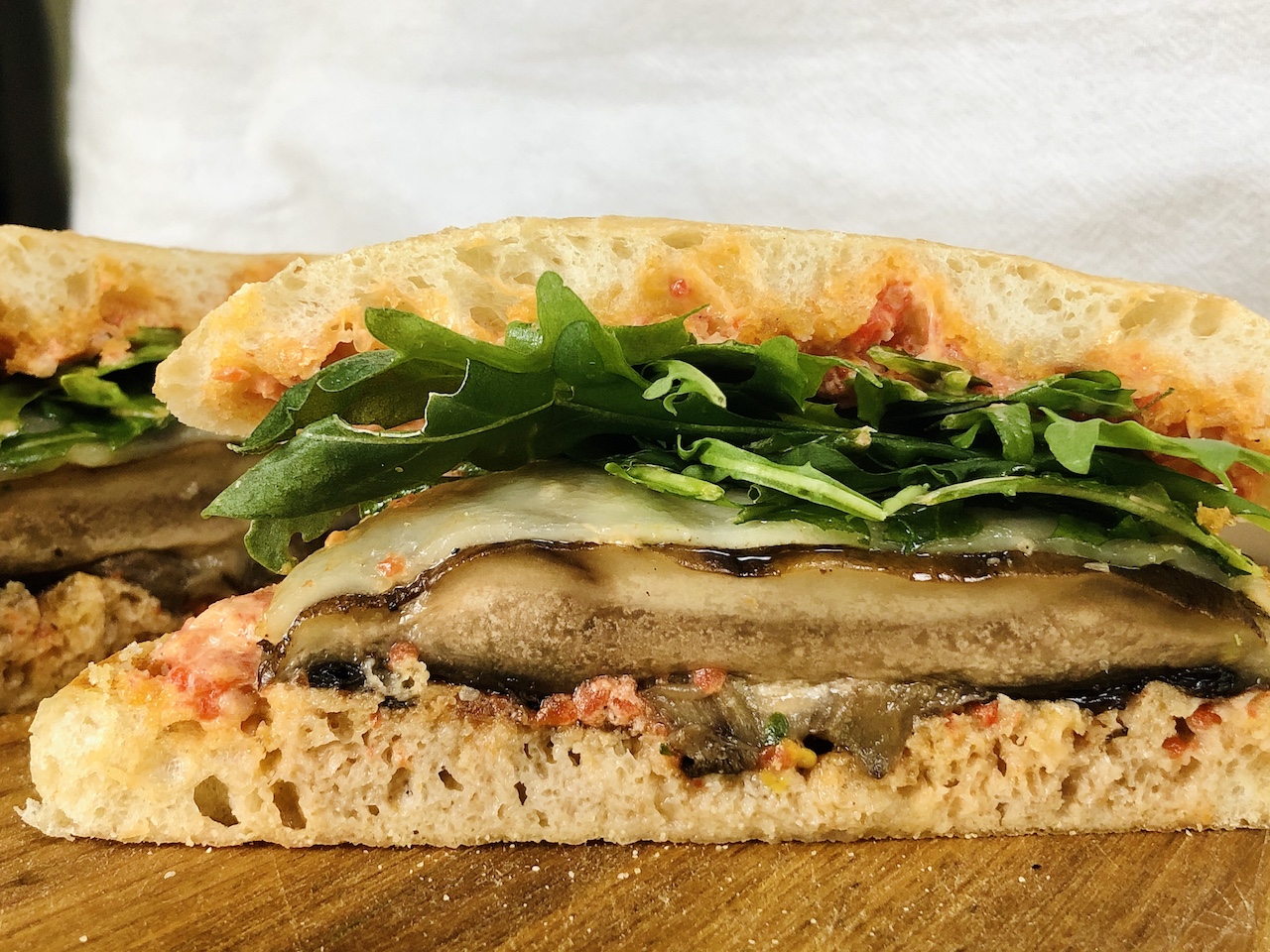 Portobello Mushroom Cap Sandwiches on Ciabatta with Roasted Red Pepper Aioli